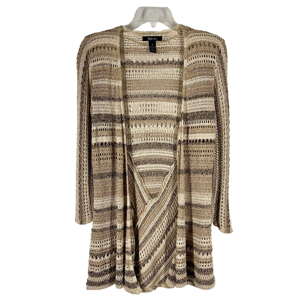 Style & Co Womens Crochet Sweater Medium Tan Beige Stripe Open Front Long Sleeve